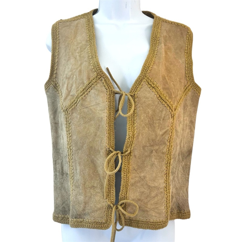 Weekenders Vintage 70s Tan Suede Knit Patchwork Boho Vest OS Tie Front Festival